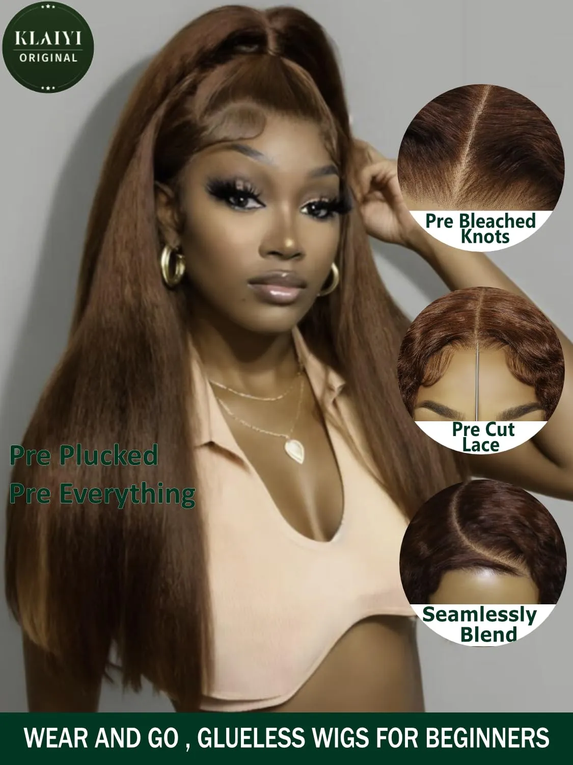 KLAIYI Bye Bye Knots Glueless Wig Reddish Brown Yaki Straight 7x5 Pre Cut Lace Front Wigs Human Hair Put on and Go Wigs for Beginners Pre Bleached Pre Plucked No Glue 30S Easy to Wear Kinky Wig 16Inch