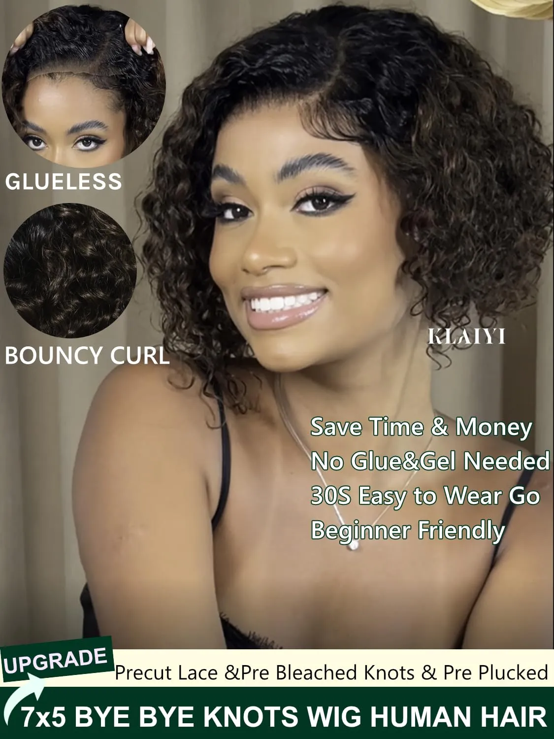 KLAIYI Ombre Brown Curly Bob Wig Human Hair Bye Bye Knots Glueless Wig Precut Lace Pre Bleached Pre Plucked 7x5 Lace Front Easy to Wear Put On Go Wig with Dark Roots Side Part Balayage Brown Wig 8Inch