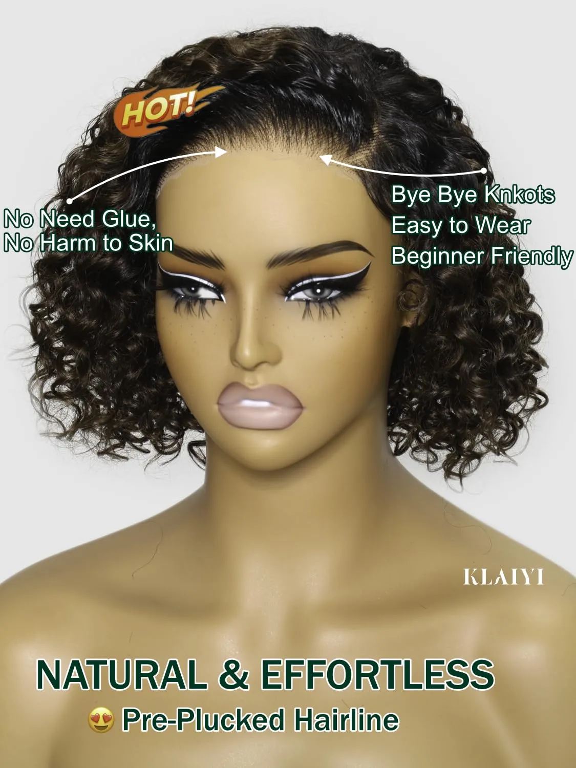 KLAIYI Ombre Brown Curly Bob Wig Human Hair Bye Bye Knots Glueless Wig Precut Lace Pre Bleached Pre Plucked 7x5 Lace Front Easy to Wear Put On Go Wig with Dark Roots Side Part Balayage Brown Wig 8Inch
