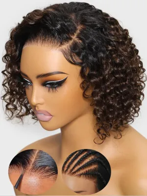 KLAIYI Ombre Brown Curly Bob Wig Human Hair Bye Bye Knots Glueless Wig Precut Lace Pre Bleached Pre Plucked 7x5 Lace Front Easy to Wear Put On Go Wig with Dark Roots Side Part Balayage Brown Wig 8Inch