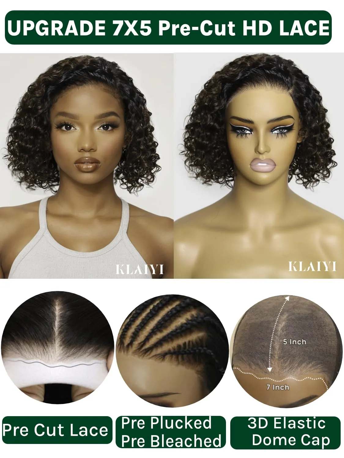 KLAIYI Ombre Brown Curly Bob Wig Human Hair Bye Bye Knots Glueless Wig Precut Lace Pre Bleached Pre Plucked 7x5 Lace Front Easy to Wear Put On Go Wig with Dark Roots Side Part Balayage Brown Wig 8Inch