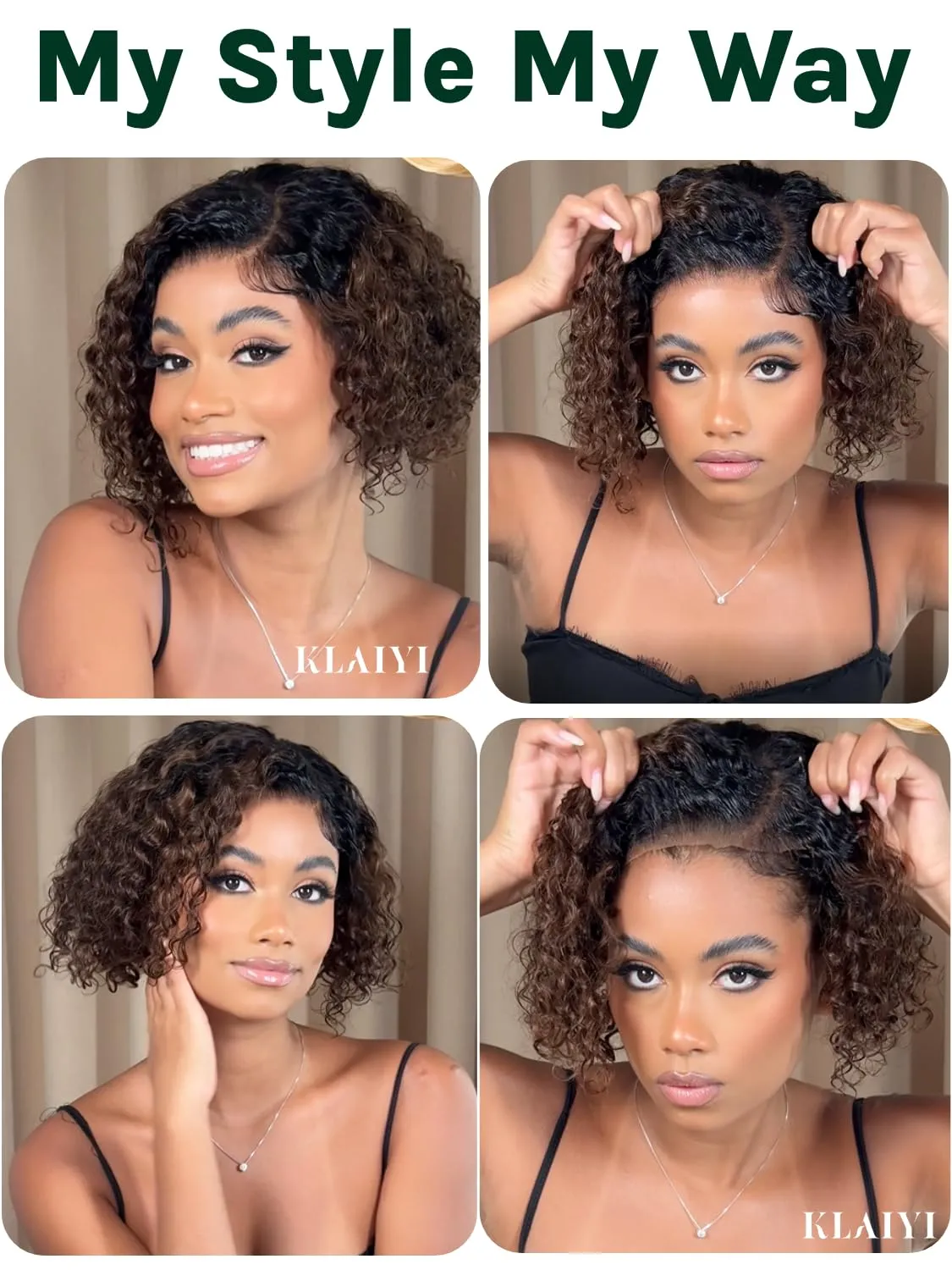 KLAIYI Ombre Brown Curly Bob Wig Human Hair Bye Bye Knots Glueless Wig Precut Lace Pre Bleached Pre Plucked 7x5 Lace Front Easy to Wear Put On Go Wig with Dark Roots Side Part Balayage Brown Wig 8Inch