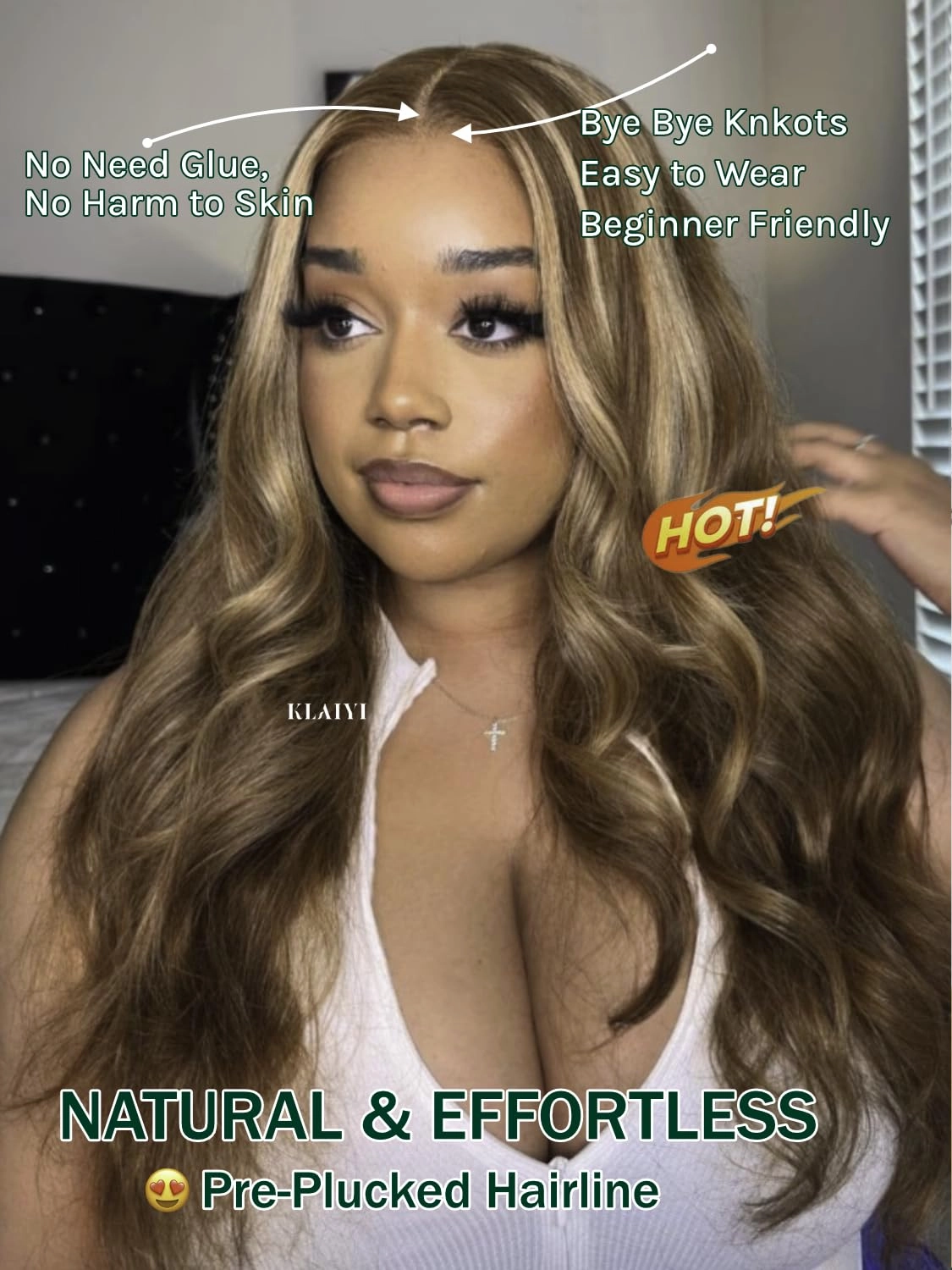 KLAIYI Bye Bye Knots Glueless Wig Highlight Blonde Body Wave Pre Cut 7x5 HD Lace Front Wigs Human Hair Pre Plucked Pre Bleached Pre Everything Wear and Go Wig 12A Ombre Brown 30S Ready To Wear 26Inch