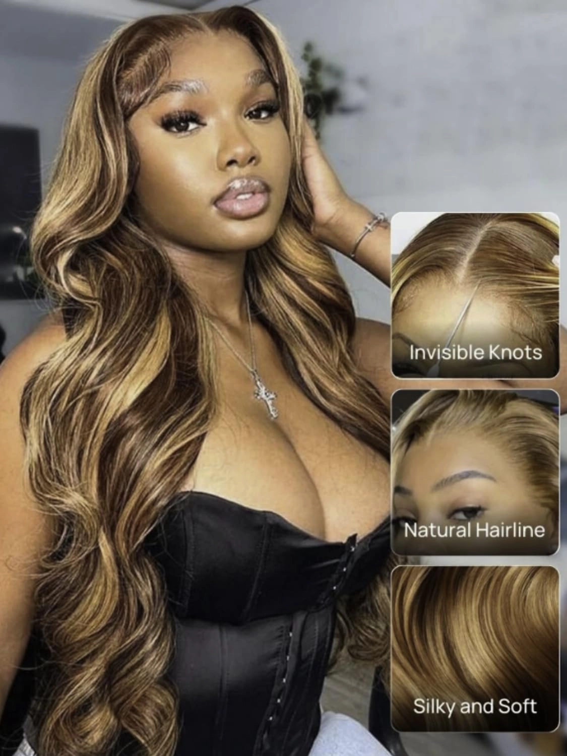 KLAIYI Bye Bye Knots Glueless Wig Highlight Blonde Body Wave Pre Cut 7x5 HD Lace Front Wigs Human Hair Pre Plucked Pre Bleached Pre Everything Wear and Go Wig 12A Ombre Brown 30S Ready To Wear 26Inch