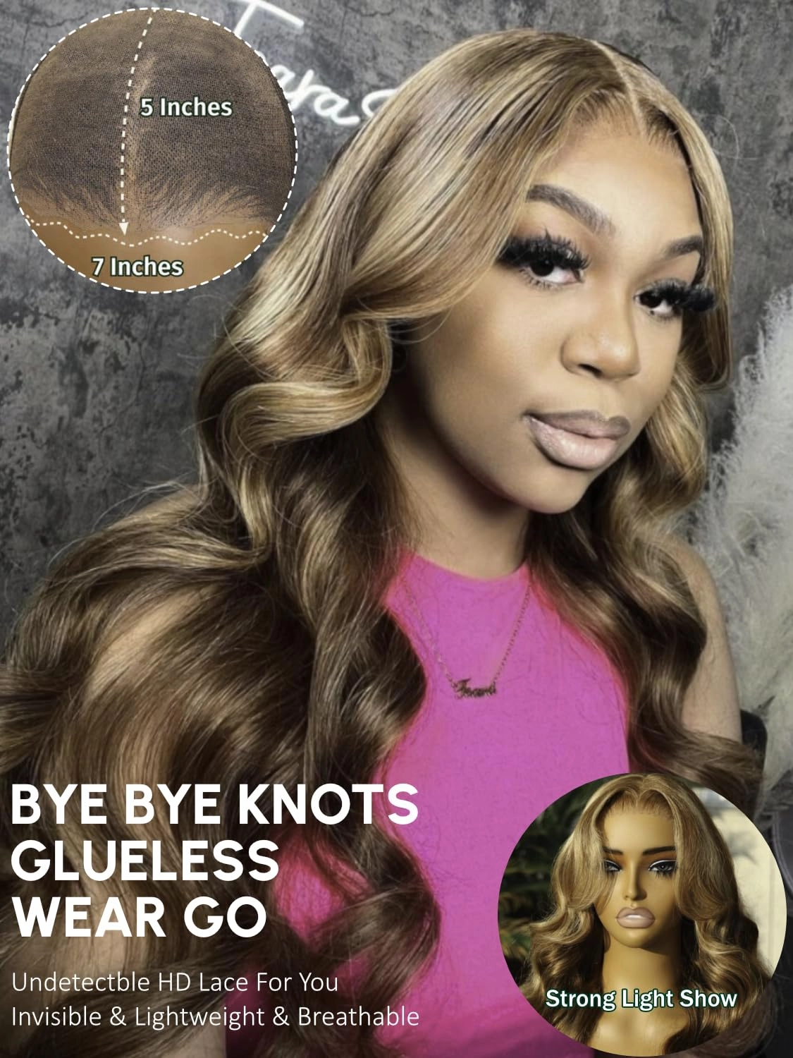 KLAIYI Bye Bye Knots Glueless Wig Highlight Blonde Body Wave Pre Cut 7x5 HD Lace Front Wigs Human Hair Pre Plucked Pre Bleached Pre Everything Wear and Go Wig 12A Ombre Brown 30S Ready To Wear 26Inch