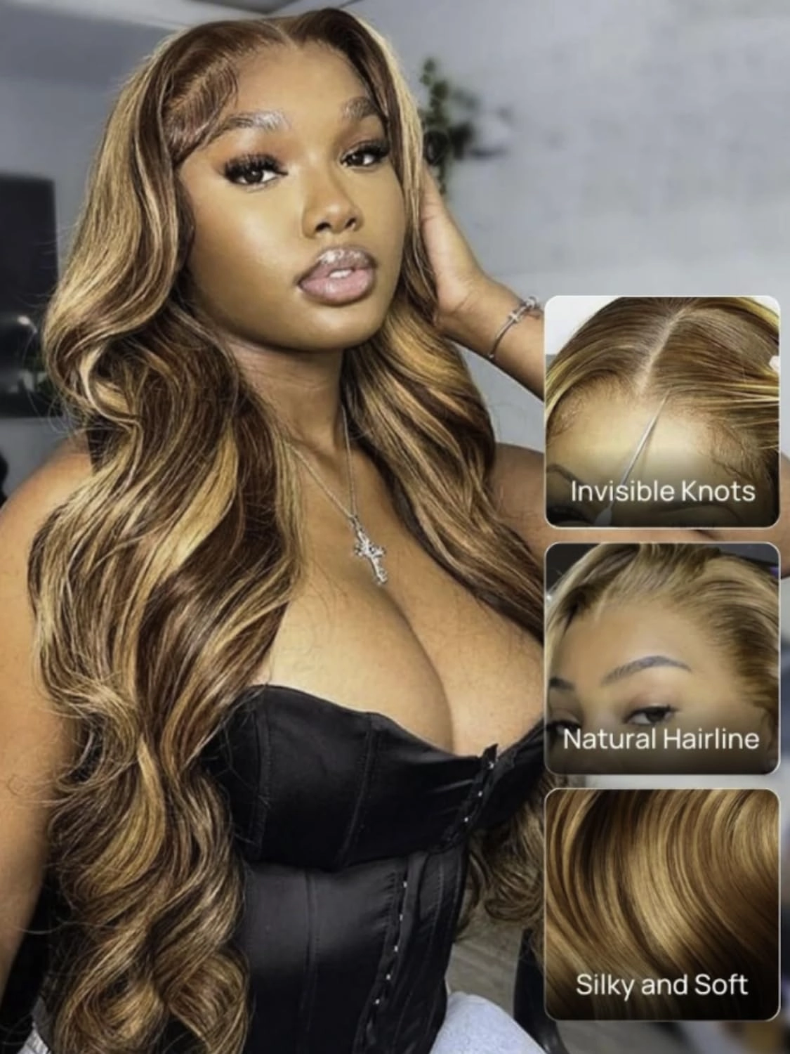 KLAIYI Bye Bye Knots Glueless Wig Highlight Blonde Body Wave Pre Cut 7x5HD Lace Front Wigs Human Hair Pre Plucked Pre Bleached Pre Everything Wear and Go Wig 12A Ombre Brown 30S Ready To Go Wig 18Inch