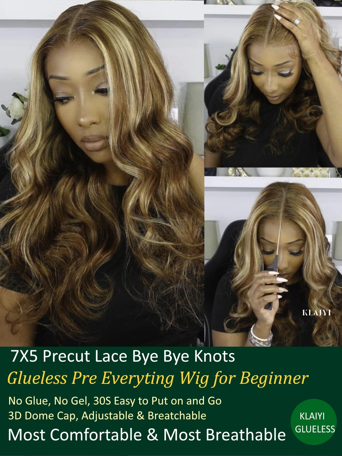 KLAIYI Bye Bye Knots Glueless Wig Highlight Blonde Body Wave Pre Cut 7x5HD Lace Front Wigs Human Hair Pre Plucked Pre Bleached Pre Everything Wear and Go Wig 12A Ombre Brown 30S Ready To Go Wig 22Inch