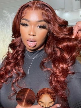 KLAIYI Bye Bye Knots Glueless Wig Reddish Brown Body Wave 7x5 Pre Cut HD Lace Front Wigs Human Hair Put On And Go Wig Pre Bleached Pre Plucked with Baby Hair 30S Ready To Wear 150% Density Full 18Inch