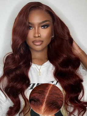 KLAIYI Bye Bye Knots Glueless Wig Reddish Brown Body Wave 7x5 Pre Cut HD Lace Front Wigs Human Hair Put On And Go Wig Pre Bleached Pre Plucked with Baby Hair 30S Ready To Wear 150% Density Full 22Inch