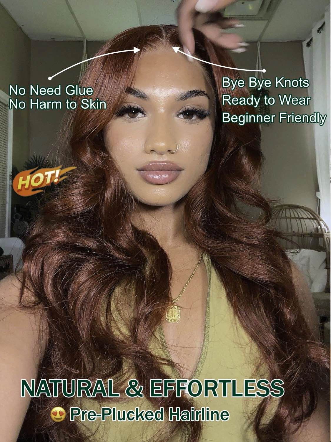 KLAIYI Bye Bye Knots Glueless Wig Reddish Brown Body Wave 7x5 Pre Cut HD Lace Front Wigs Human Hair Put On And Go Wig Pre Bleached Pre Plucked with Baby Hair 30S Ready To Wear 150% Density Full 22Inch