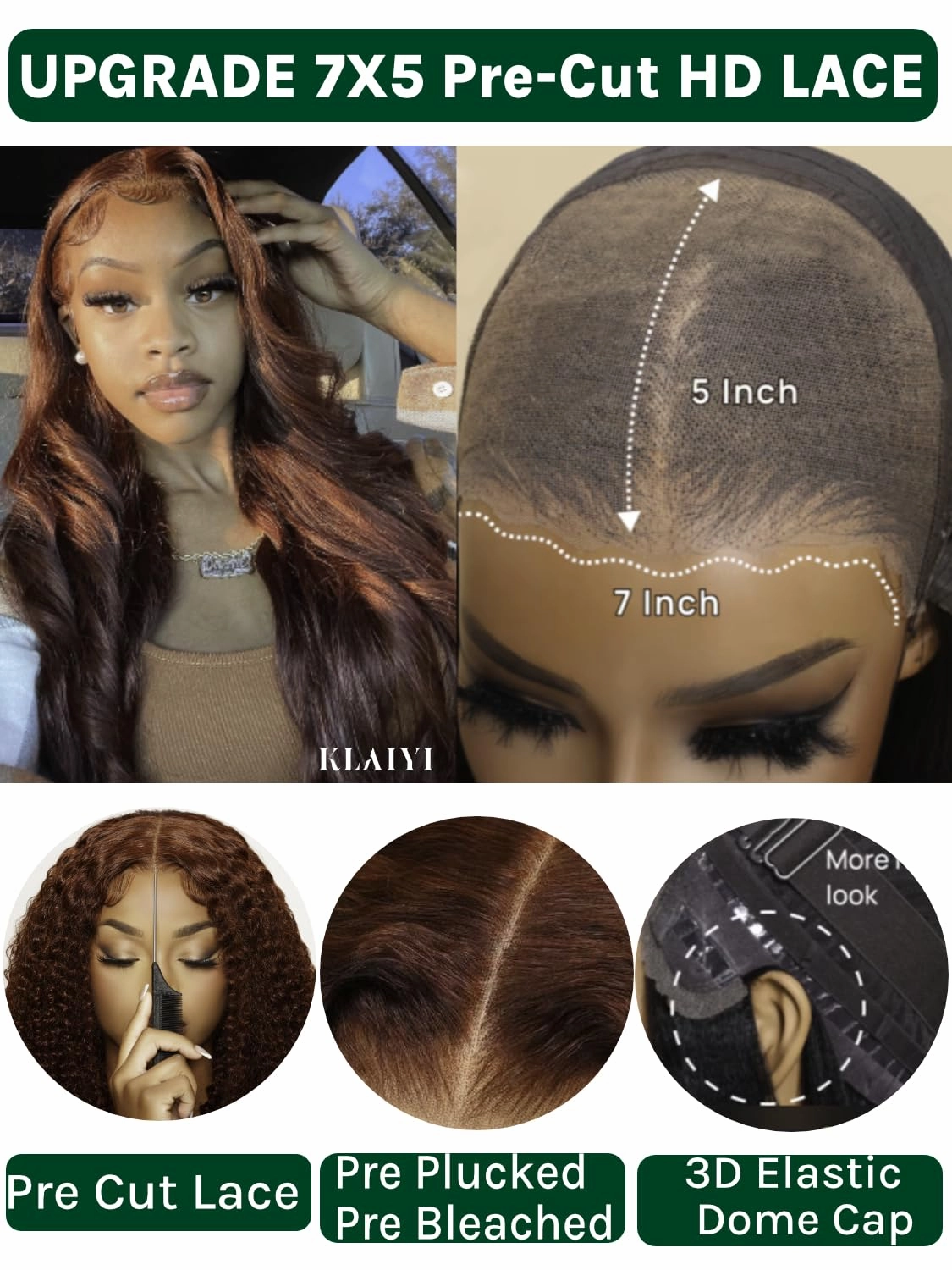 KLAIYI Bye Bye Knots Glueless Wig Reddish Brown Body Wave 7x5 Pre Cut HD Lace Front Wigs Human Hair Put On And Go Wig Pre Bleached Pre Plucked with Baby Hair 30S Ready To Wear 150% Density Full 22Inch