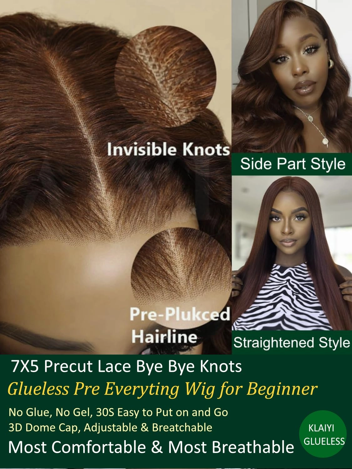 KLAIYI Bye Bye Knots Glueless Wig Reddish Brown Body Wave 7x5 Pre Cut HD Lace Front Wigs Human Hair Put On And Go Wig Pre Bleached Pre Plucked with Baby Hair 30S Ready To Wear 150% Density Full 26Inch