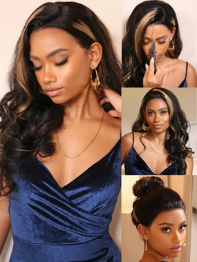 KLAIYI Bye Bye Knots Wear and Go Glueless Wig Highlight Blonde Body Wave 7x5 Precut HD Lace Front Wig Human Hair Pre Bleached Pre Plucked Ombre Wig with Dark Roots Chocolate Brown Ready to Wear 14Inch