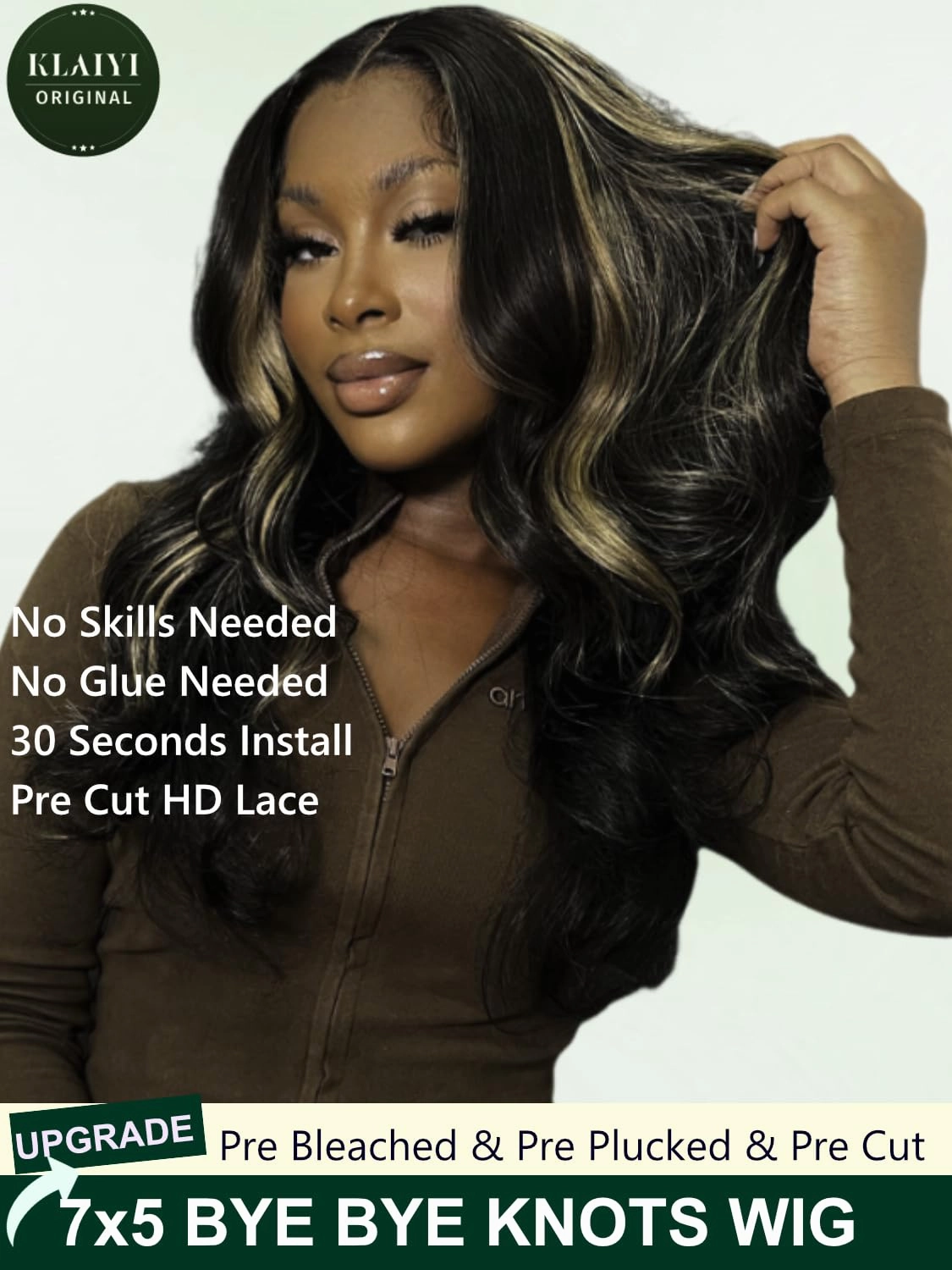 KLAIYI Bye Bye Knots Wear and Go Glueless Wig Highlight Blonde Body Wave 7x5 Precut HD Lace Front Wig Human Hair Pre Bleached Pre Plucked Ombre Wig with Dark Roots Chocolate Brown Ready to Wear 14Inch