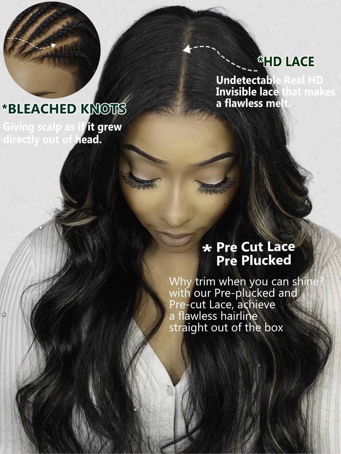 KLAIYI Bye Bye Knots Wear and Go Glueless Wig Highlight Blonde Body Wave 7x5 Precut HD Lace Front Wig Human Hair Pre Bleached Pre Plucked Ombre Wig with Dark Roots Chocolate Brown Ready to Wear 14Inch