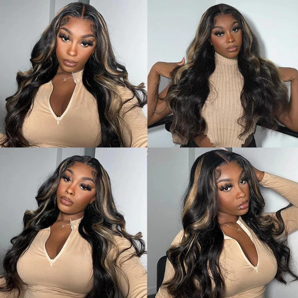 KLAIYI Bye Bye Knots Wear and Go Glueless Wig Highlight Blonde Body Wave 7x5 Precut HD Lace Front Wig Human Hair Pre Bleached Pre Plucked Ombre Wig with Dark Roots Chocolate Brown Ready to Wear 14Inch