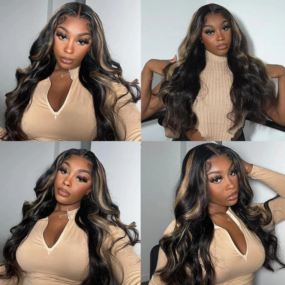 KLAIYI Bye Bye Knots Wear and Go Glueless Wig Highlight Blonde Body Wave 7x5 Precut HD Lace Front Wig Human Hair Pre Bleached Pre Plucked Ombre Wig with Dark Roots Chocolate Brown Ready to Wear 22Inch