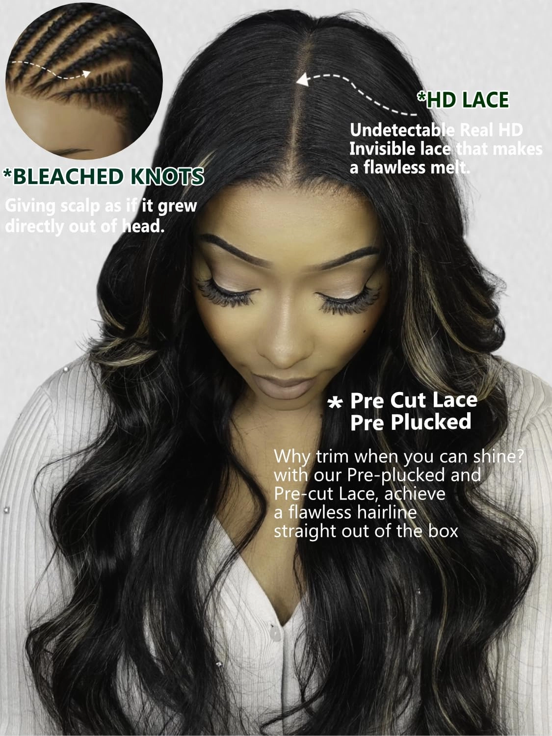 KLAIYI Bye Bye Knots Wear and Go Glueless Wig Highlight Blonde Body Wave 7x5 Precut HD Lace Front Wig Human Hair Pre Bleached Pre Plucked Ombre Wig with Dark Roots Chocolate Brown Ready to Wear 26Inch