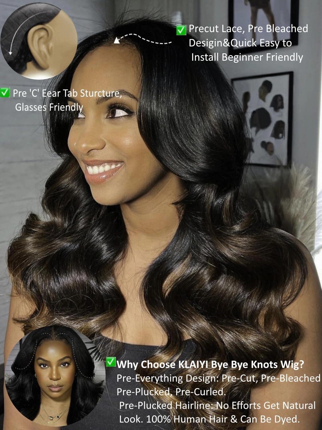 KLAIYI Ombre Brown Body Wave Bye Bye Knots Glueless Wig Pre Cut Lace Front Wigs Human Hair Chestnut Brown Loose Wave Pre Bleached Pre Plucked Wear and Go Wig with Dark Roots 30S Ready to Go Wig 18Inch