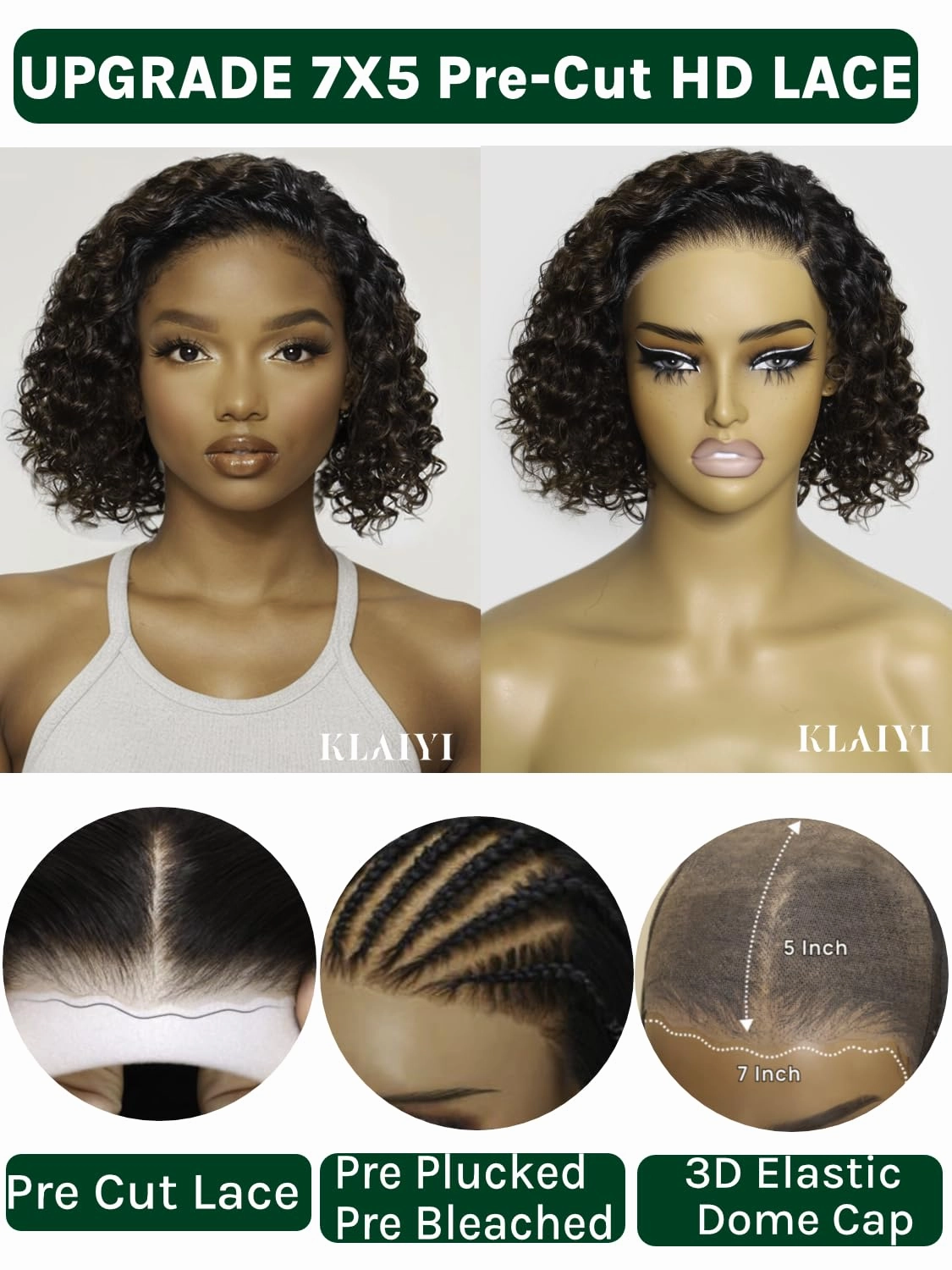 KLAIYI Ombre Brown Curly Bob Wig Human Hair Bye Bye Knots Glueless Wig Precut Lace Pre Bleached Pre Plucked 7x5Lace Front Easy to Wear Put On Go Wig with Dark Roots Side Part Balayage Brown Wig 12Inch