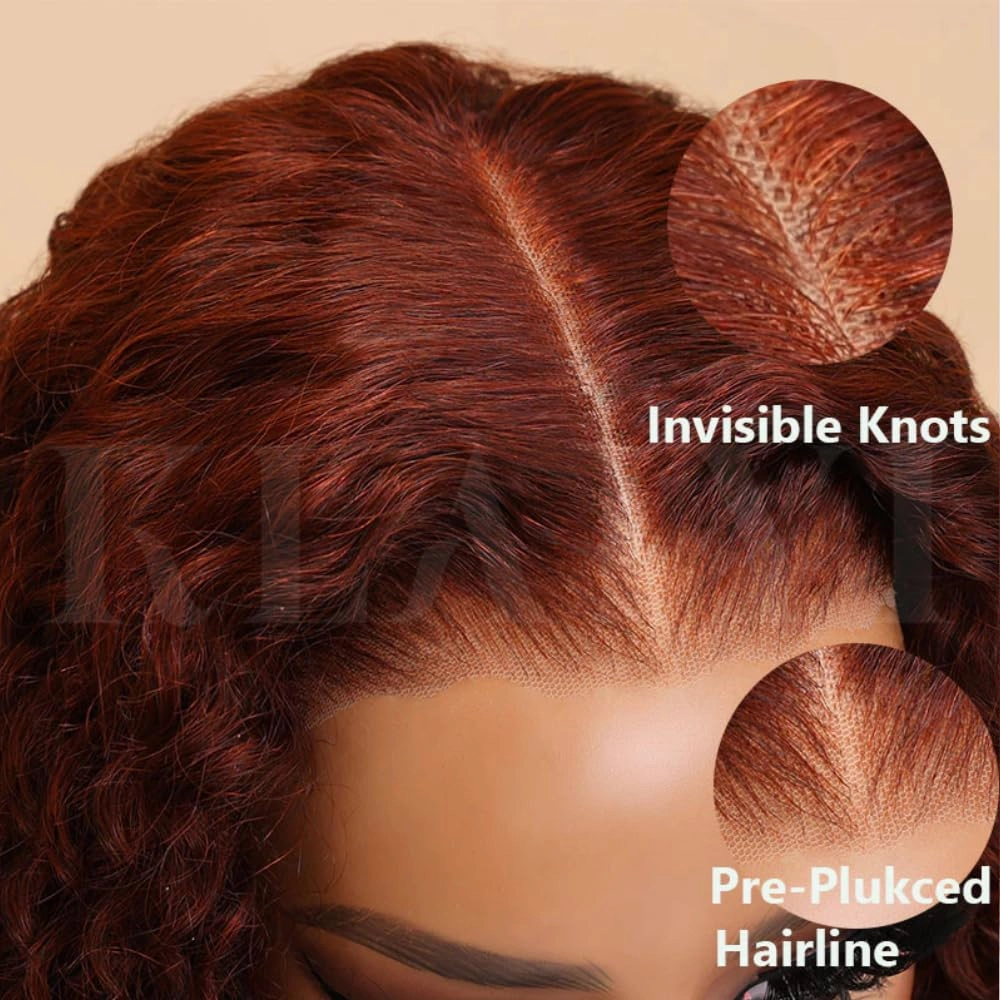 KLAIYI Pre Everything 13x4 Glueless Lace Frontal Wig Human Hair Bye Bye Knots Pre Cut HD Lace Reddish Brown Curly Wigs Pre Bleached Pre Plucked Put on and Go Wig 30S Easy to Wear Water Wave Wig 18inch