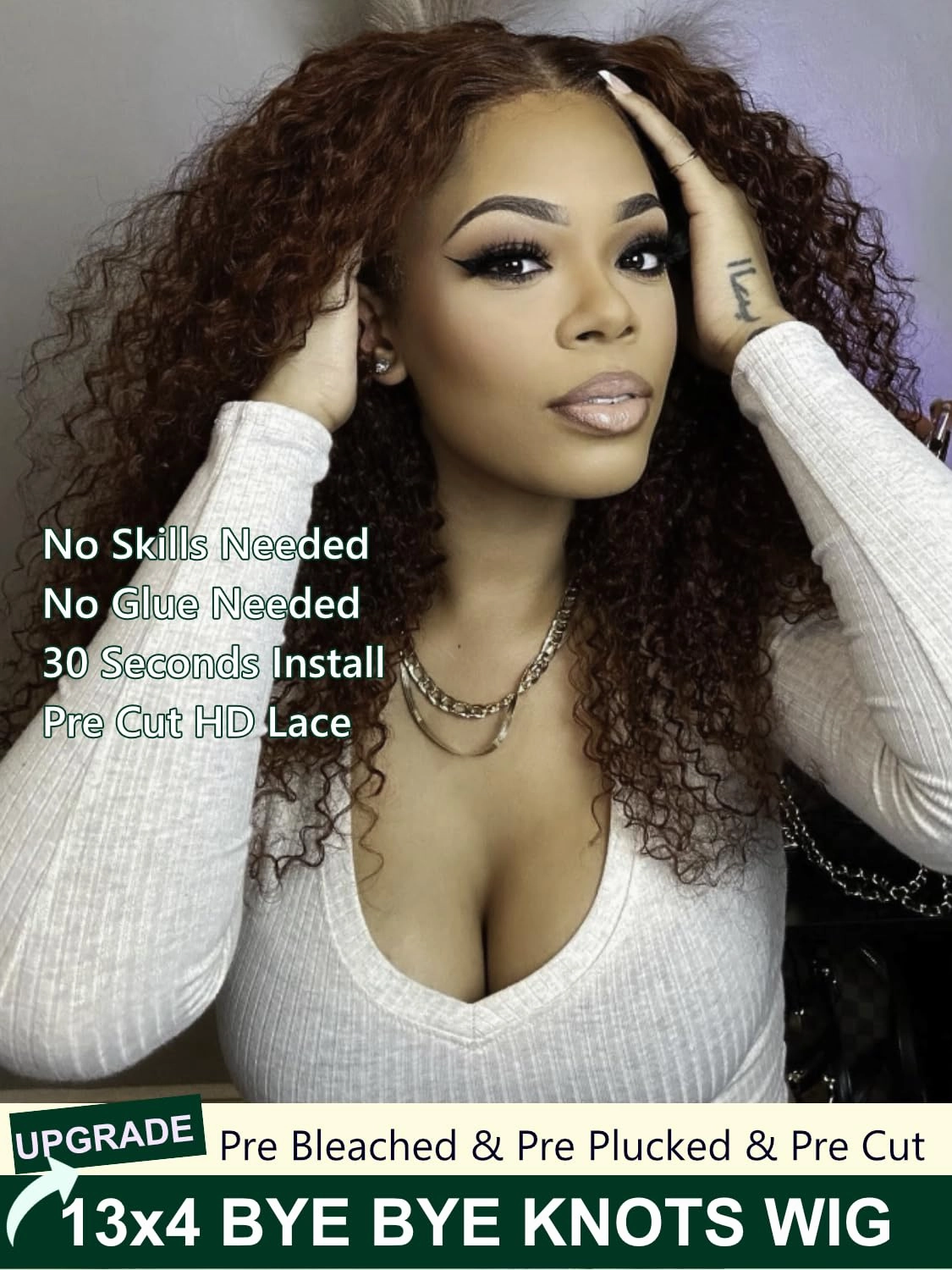 KLAIYI Pre Everything 13x4 Glueless Lace Frontal Wig Human Hair Bye Bye Knots Pre Cut HD Lace Reddish Brown Curly Wigs Pre Bleached Pre Plucked Put on and Go Wig 30S Easy to Wear Water Wave Wig 18inch