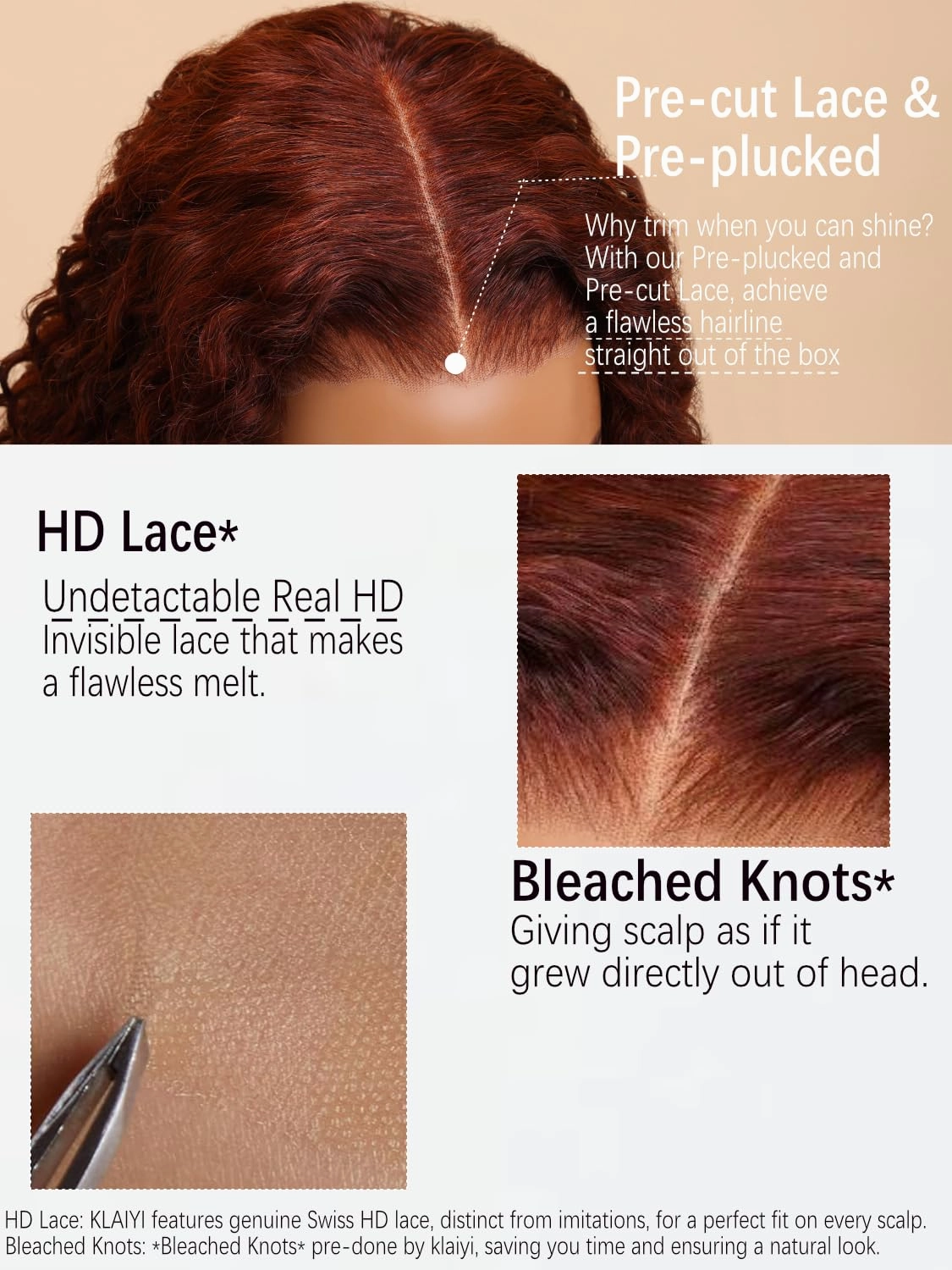 KLAIYI Pre Everything 13x4 Glueless Lace Frontal Wig Human Hair Bye Bye Knots Pre Cut HD Lace Reddish Brown Curly Wigs Pre Bleached Pre Plucked Put on and Go Wig 30S Easy to Wear Water Wave Wig 18inch