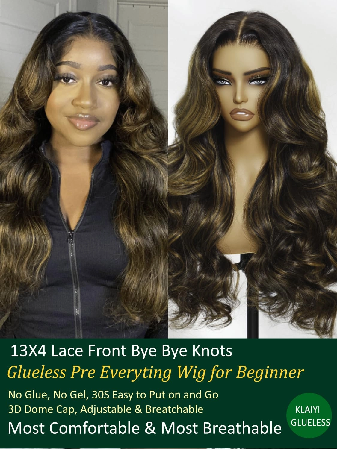 KLAIYI Pre Everything 13x4 Glueless Wig Ombre Brown Body Wave Pre Cut Lace Front Wigs Human Hair Pre Plucked Pre Bleached Wear and Go Wig with Dark Roots 12A Highlight Balayage 3S Ready To Wear 18Inch