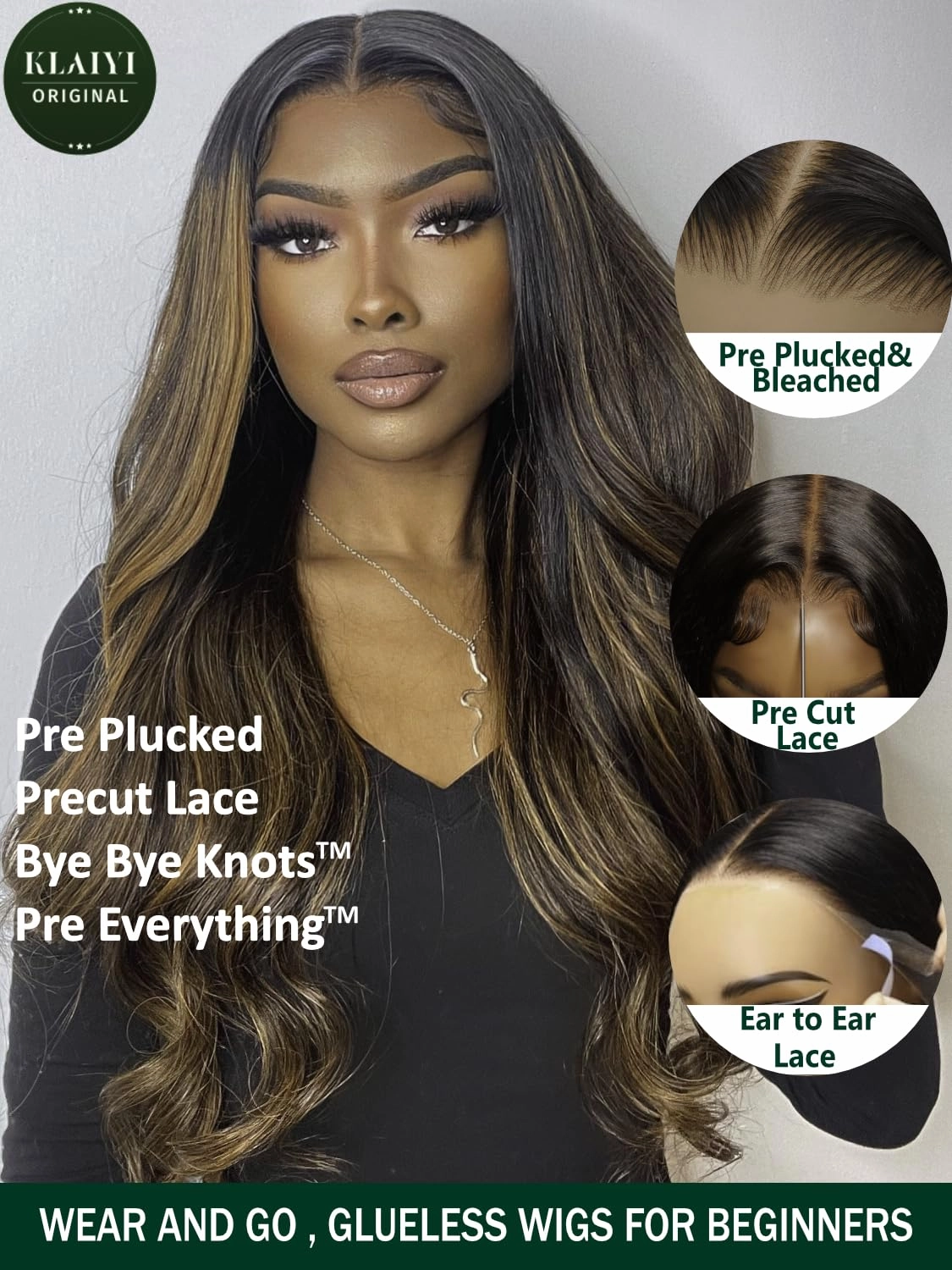 KLAIYI Pre Everything 13x4 Glueless Wig Ombre Brown Body Wave Pre Cut Lace Front Wigs Human Hair Pre Plucked Pre Bleached Wear and Go Wig with Dark Roots 12A Highlight Balayage 3S Ready To Wear 18Inch
