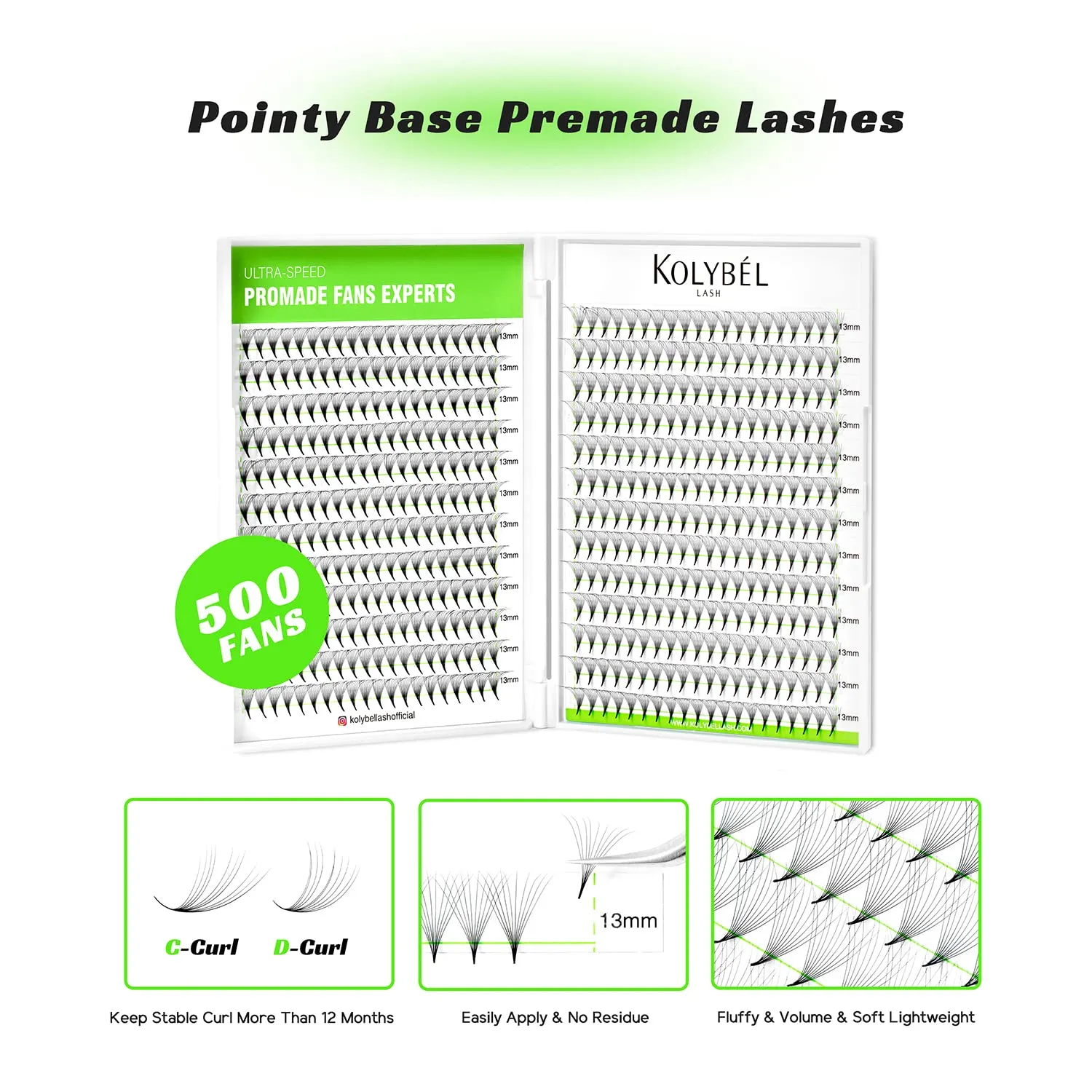 Kolybel 500 Pieces Premade False Eyelash Extensions, Black, Soft and Light, Mixed Length Tray, Handmade Volume, C/D Curl, Pointed Thin Base, 10D, 0.05-C-12MM