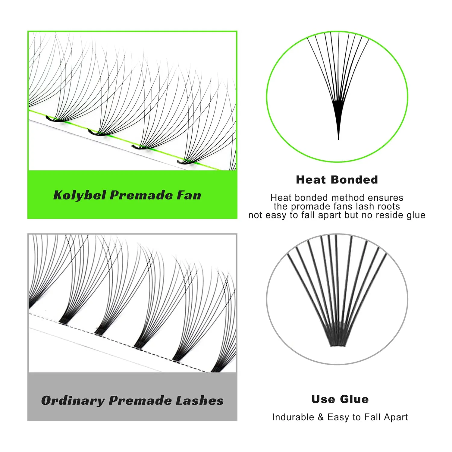 Kolybel 500 Pieces Premade False Eyelash Extensions, Black, Soft and Light, Mixed Length Tray, Handmade Volume, C/D Curl, Pointed Thin Base, 10D, 0.05-C-12MM