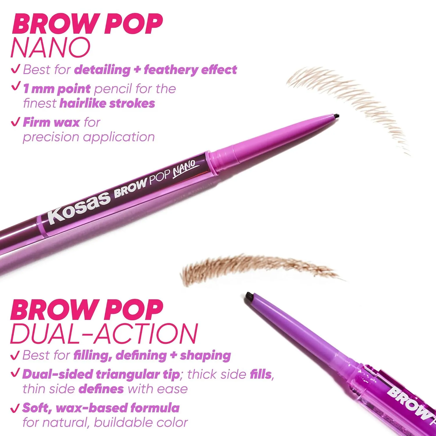 Kosas Brow Pop Nano - Ultra-Fine 1mm Brow Pencil Precision Tip - Natural-Looking Eyebrows with Finest Hairlike Stroke - All Day Wear, Hypoallergenic, Safe for Sensitive Skin - Soft Brown