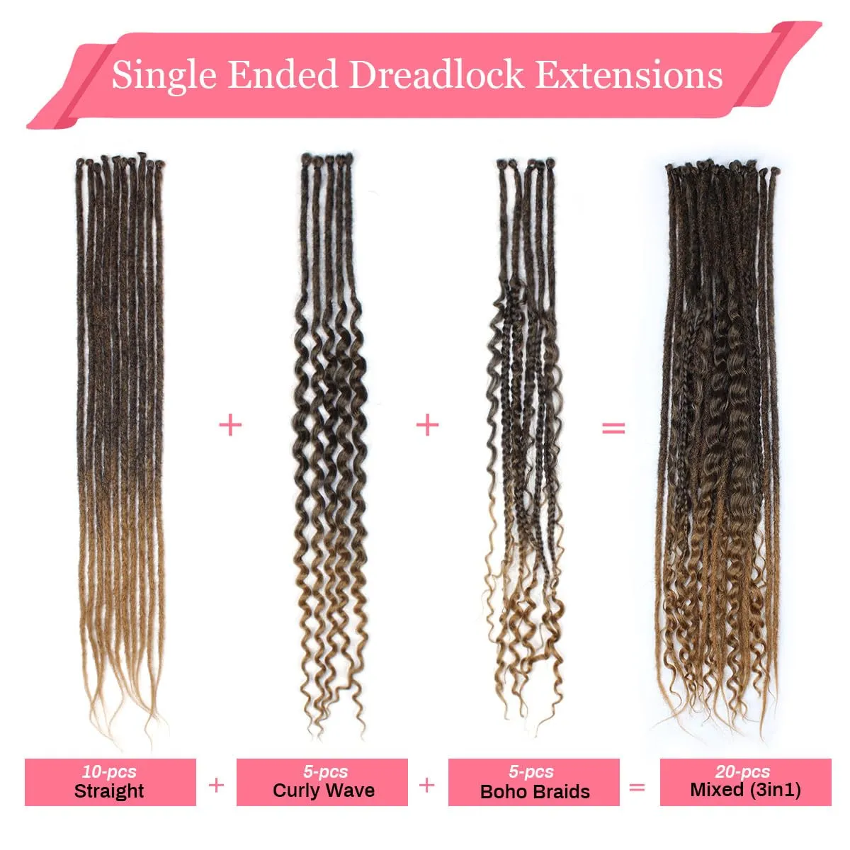 KRALER 24 Inch Mixed SE Dreadlock Extensions Sets, 3 in 1 20 Strands Synthetic Single Ended Dreads Extensions, Ombre Brown Hippie Dreads Style for Girls
