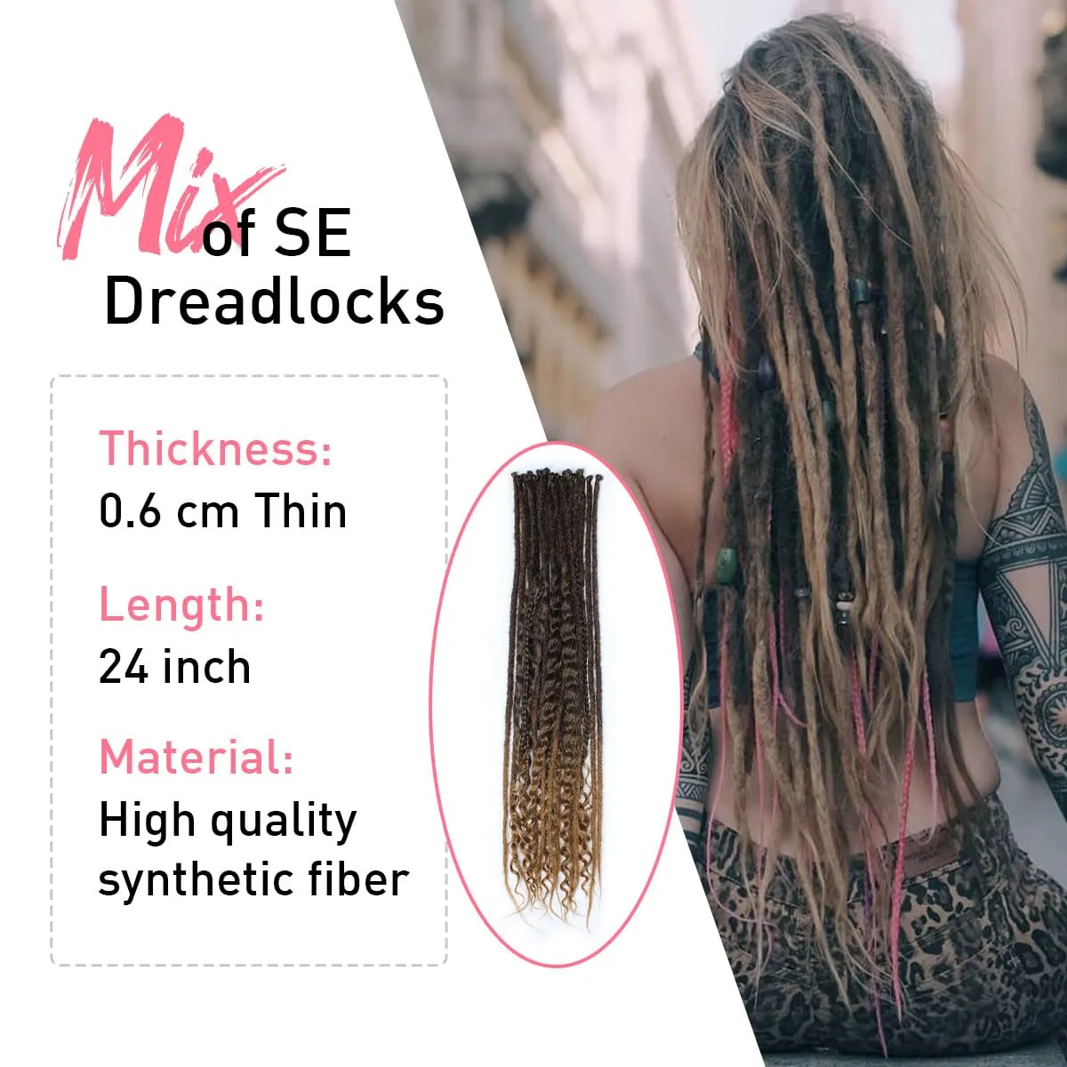 KRALER 24 Inch Mixed SE Dreadlock Extensions Sets, 3 in 1 20 Strands Synthetic Single Ended Dreads Extensions, Ombre Brown Hippie Dreads Style for Girls