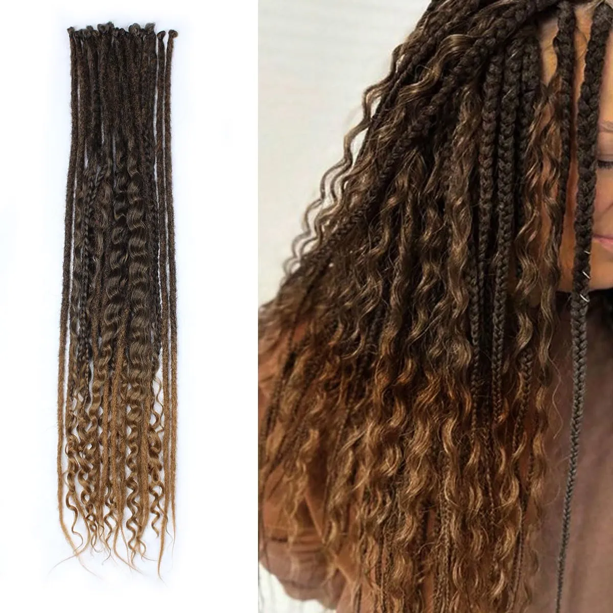KRALER 24 Inch Mixed SE Dreadlock Extensions Sets, 3 in 1 20 Strands Synthetic Single Ended Dreads Extensions, Ombre Brown Hippie Dreads Style for Girls