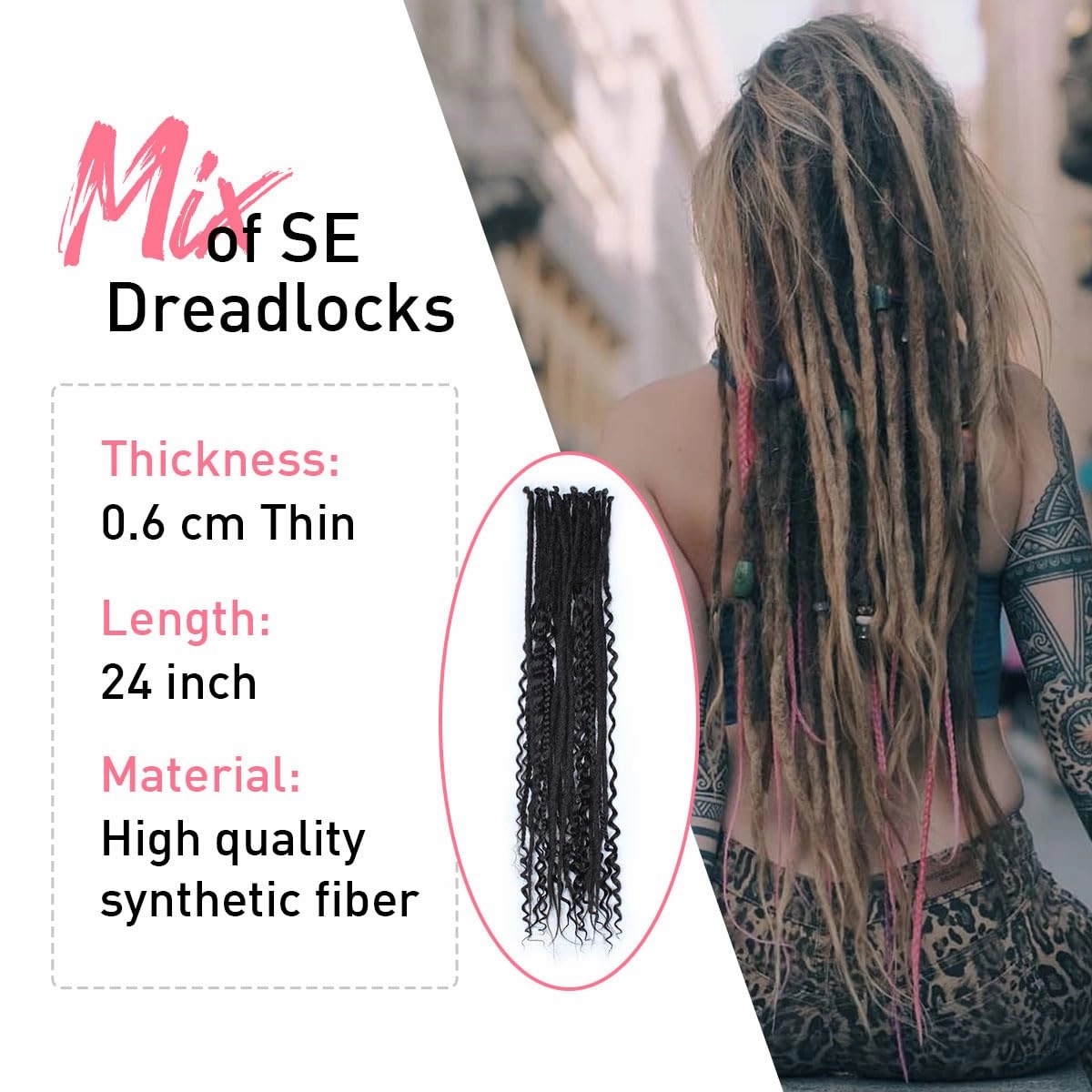 KRALER 24 Inch Mixed SE Dreadlock Extensions Sets, 3 in 1 20 Strands Synthetic Single Ended Dreads Extensions, Black Hippie Dreads Style for Girls