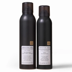 Kristin Ess Hair Dry Styling Set - Vitamin C Dry Shampoo Powder Spray   Light Hold Texturizing Spray - Volumizing   Oil Absorbing   Shine Enhancing for Dark, Brunette   Blonde Hair - Sulfate Free