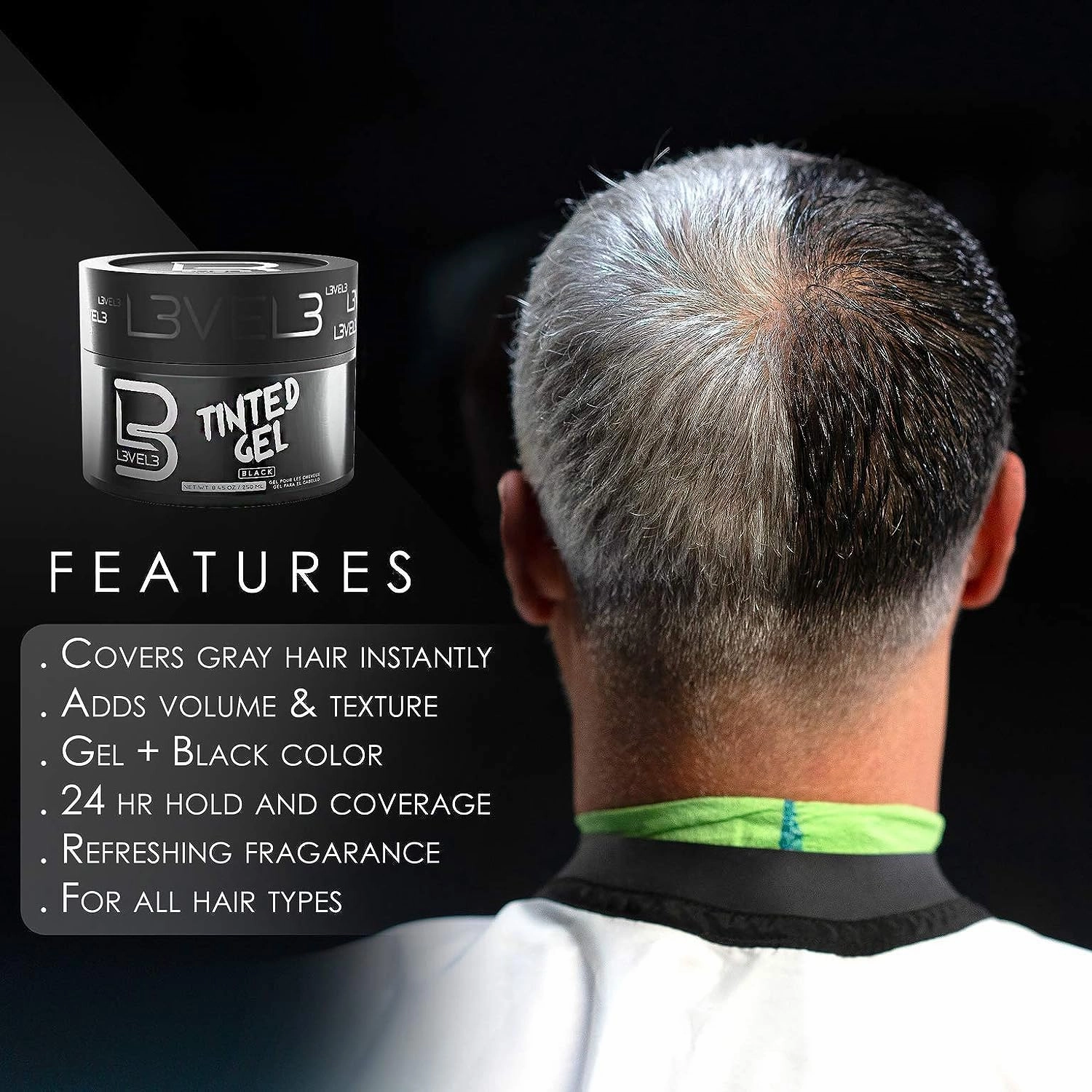 L3 Level 3 Tinted Gel Black - Temporary Black Hair Gel For Hair No Flaking and Rinses Out Easily - Level Three Strong Hold Formula