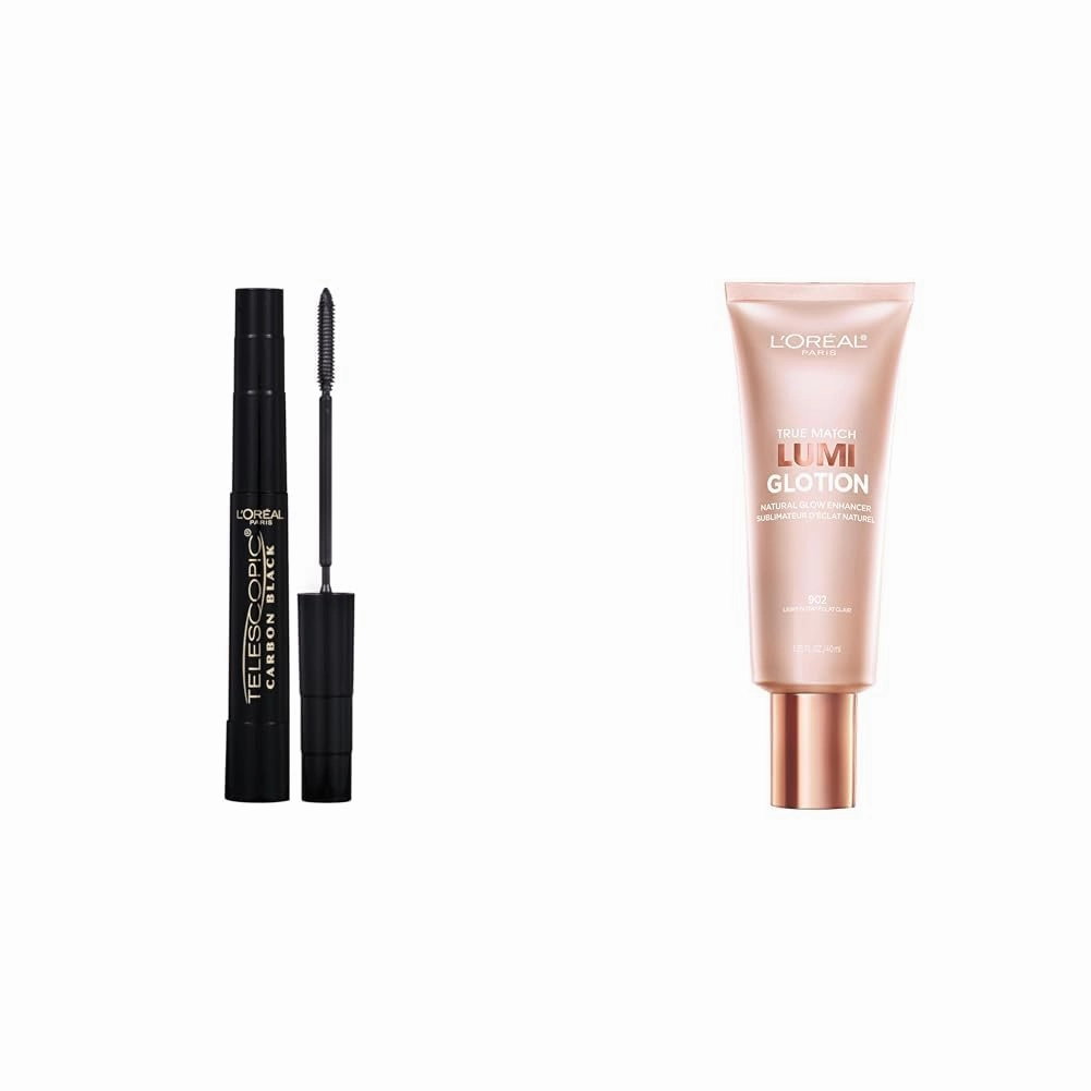 L'Oreal Paris Makeup Telescopic Mascara (0.27 Fl Oz) and Lumi Glotion Highlighter (1.35 Ounces) Beauty Bundle