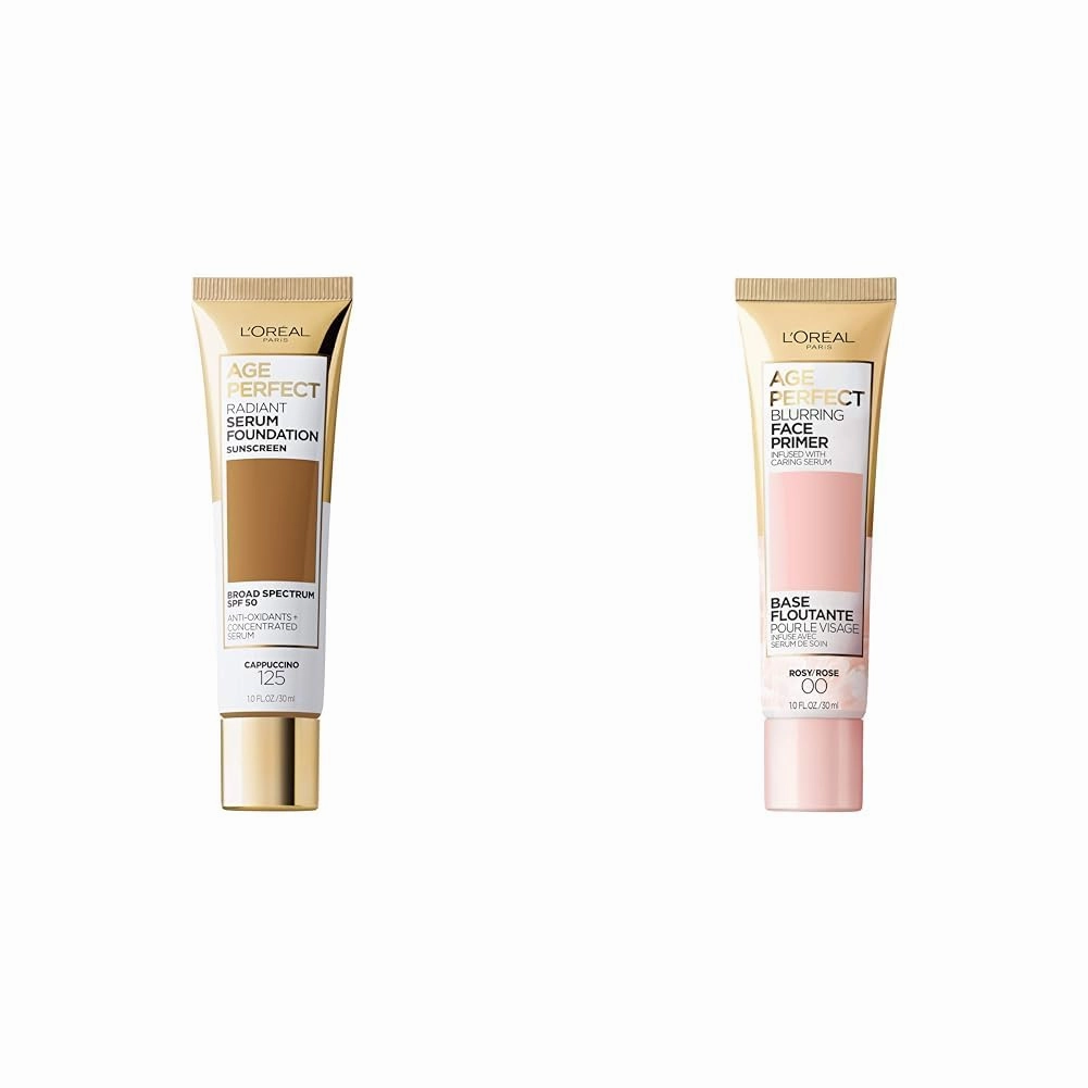 L’Oréal ParisBundle of Age Perfect Radiant Serum Foundation with SPF 50, Cappuccino, 1 Ounce   Age Perfect Face Blurring Primer Infused with Caring Serum Smoothes Liners and Pores