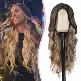 L'veetie 26 Inch Ombre Brown Wavy Wigs with Highlight Long Body Wave Wigs For Women Glueless Middle Part Wig With Dark Roots Natural Looking Brown Mixed Blonde Heat Resistant Wig For Daily Party Use