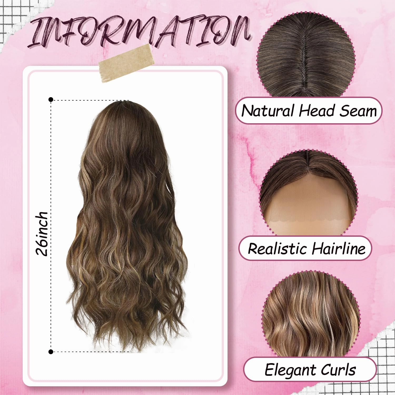 L'veetie 26 Inch Ombre Brown Wavy Wigs with Highlight Long Body Wave Wigs For Women Glueless Middle Part Wig With Dark Roots Natural Looking Brown Mixed Blonde Heat Resistant Wig For Daily Party Use