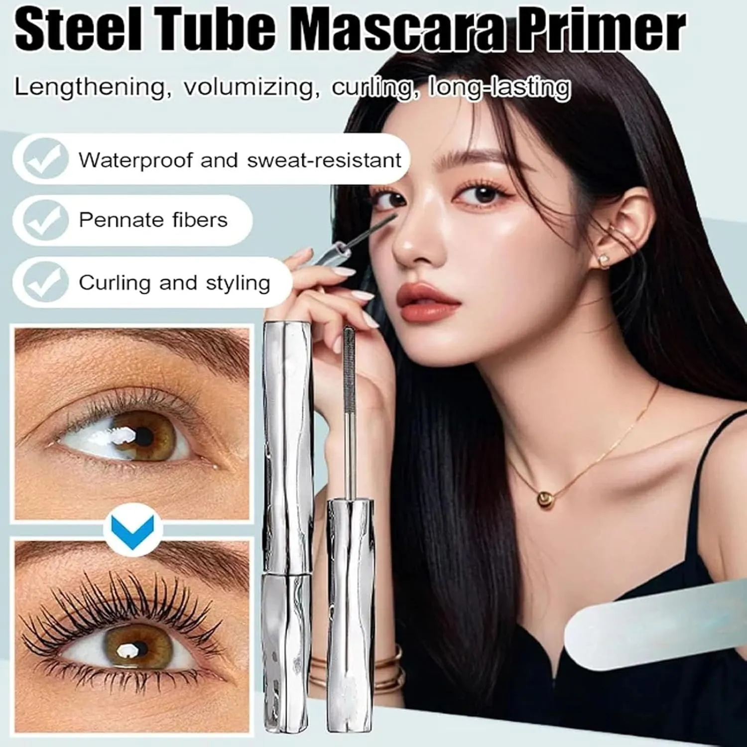 Laidanyou Small Steel Tube Mascara, 2025 New Telescopic Waterproof Carbon Black Mascara for Older Women 60 Plus, Eyelash Primer Before Mascara, Long-Lasting, Volume and Length (3Pcs, 1)