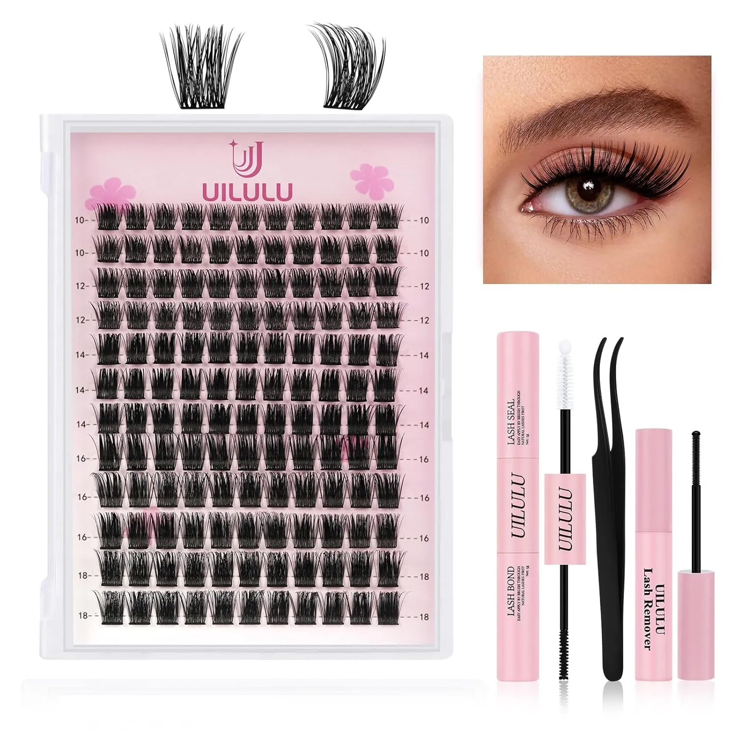 Lash Clusters Kit 10-18mm DIY Eyelash Extensions Kits 132 D Curl - 0.07D Individual Eyelashes Natural False Lashes Bond and Seal Remover Tweezers for Eye Lash Set at Home