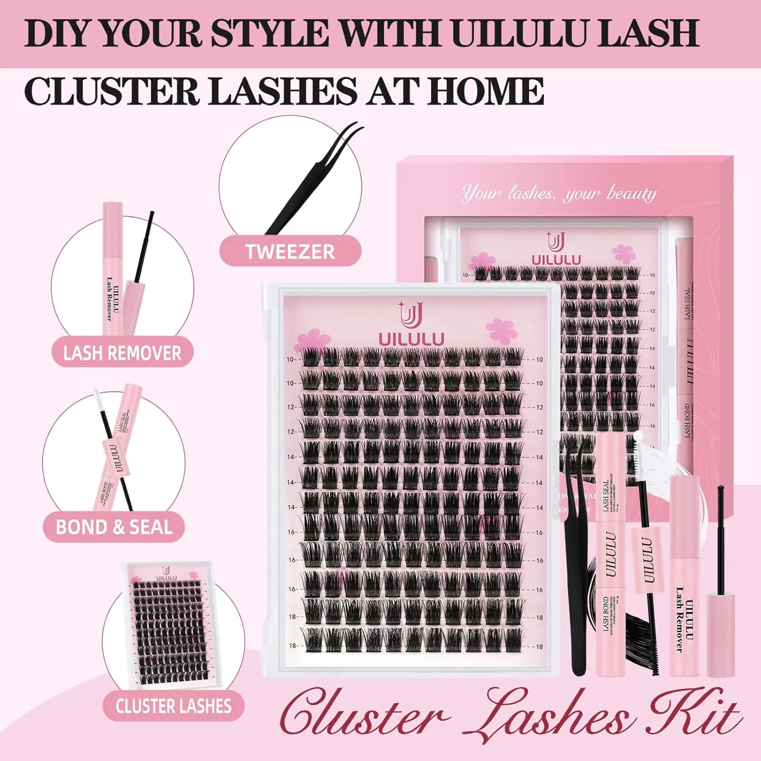 Lash Clusters Kit 10-18mm DIY Eyelash Extensions Kits 132 D Curl - 0.07D Individual Eyelashes Natural False Lashes Bond and Seal Remover Tweezers for Eye Lash Set at Home