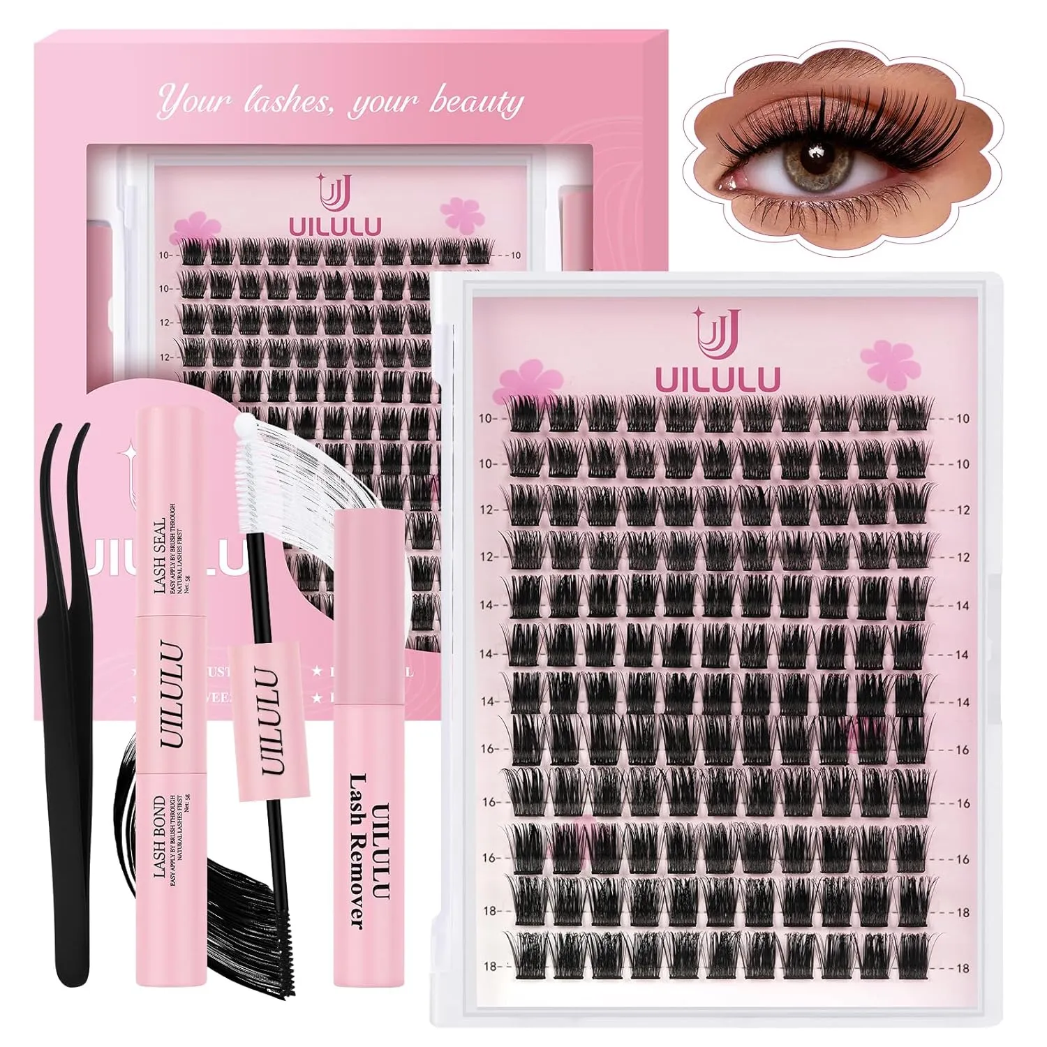 Lash Clusters Kit 10-18mm DIY Eyelash Extensions Kits 132 D Curl - 0.07D Individual Eyelashes Natural False Lashes Bond and Seal Remover Tweezers for Eye Lash Set at Home