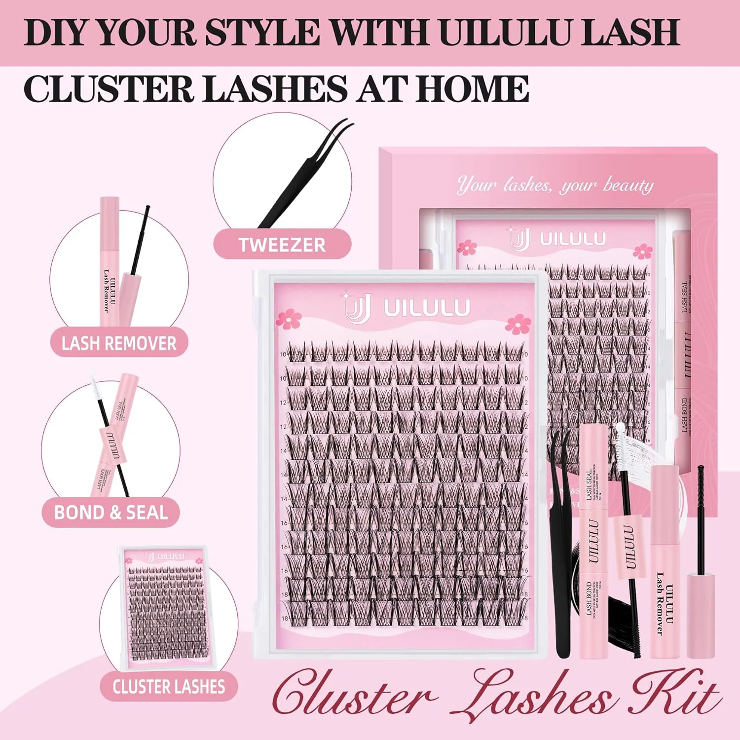Lash Clusters Kit 10-18mm Wispy Lash Clusters D Curl False Eyelash Clusters, DIY Lash Extension Kit with Lash Bond & Seal, Lash Glue Remover, Lash Tweezers(U09 Lash Kit)