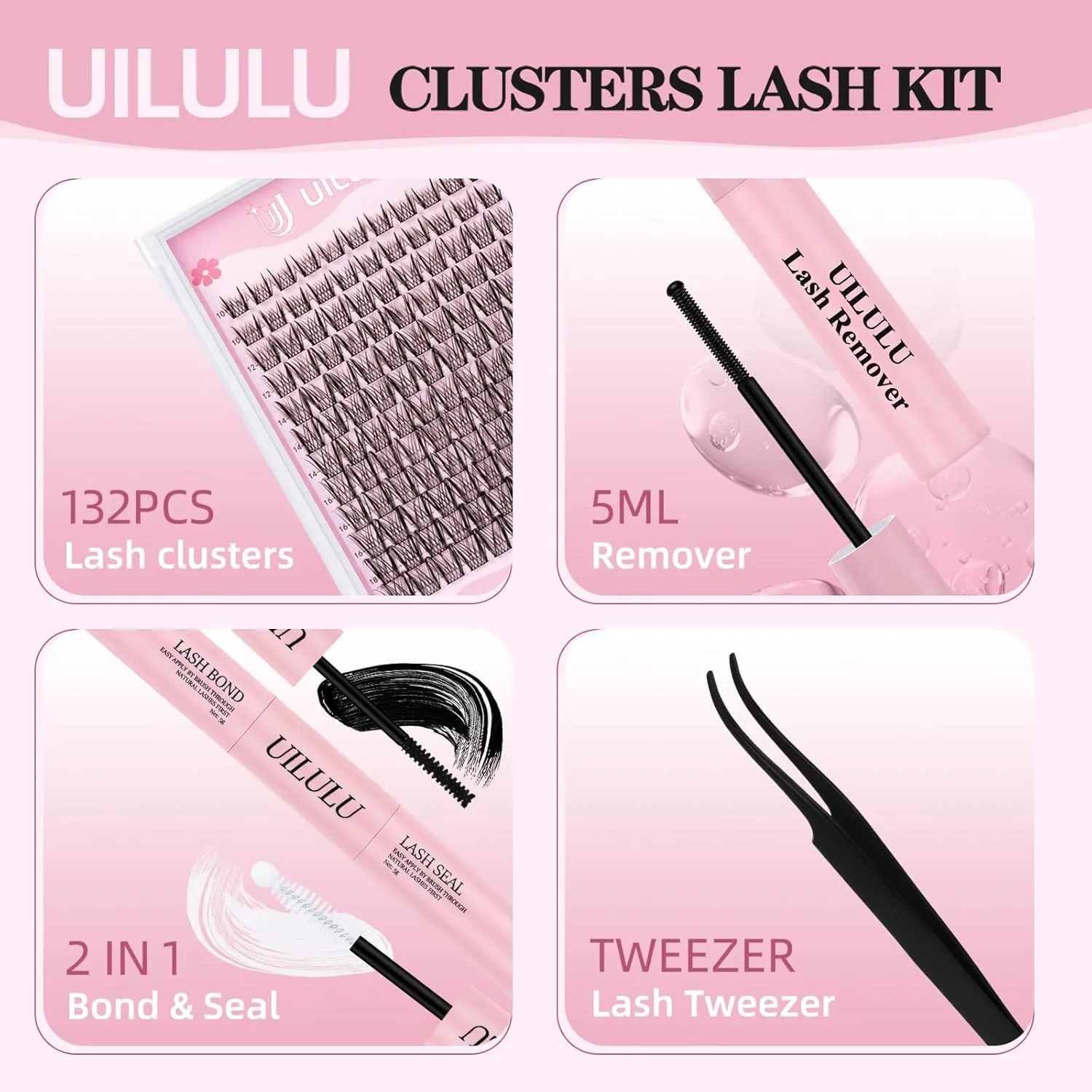 Lash Clusters Kit 10-18mm Wispy Lash Clusters D Curl False Eyelash Clusters, DIY Lash Extension Kit with Lash Bond & Seal, Lash Glue Remover, Lash Tweezers(U09 Lash Kit)