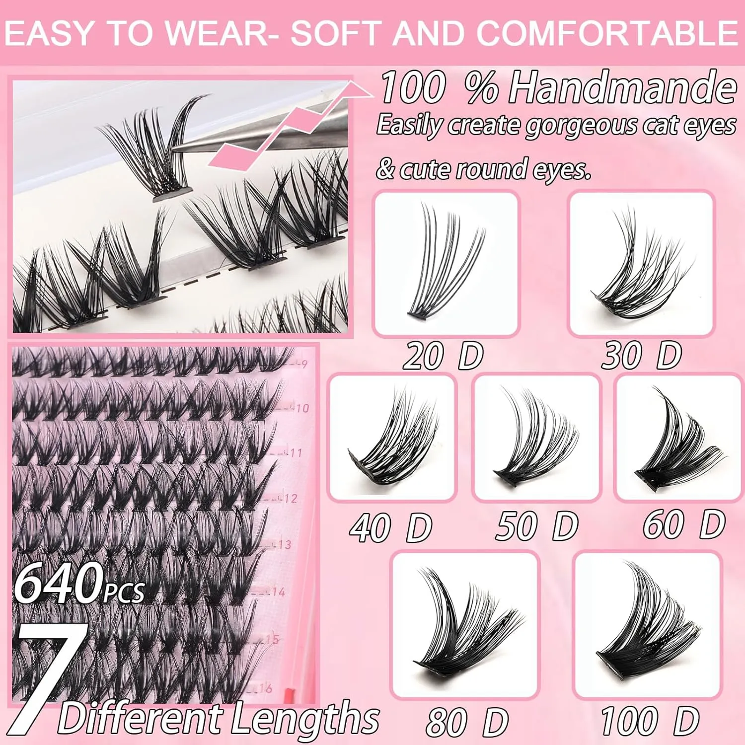 Lash Clusters Kit, 640 Pcs Eyelashes Clusters Extensions Kit 9-16mm Individual Lashes D Curl Flufffy Wispy False Eyelashes Thin Band, with Bond Seal Remover Tweezers Brush DIY (40D 50D Kit 9-16mm)