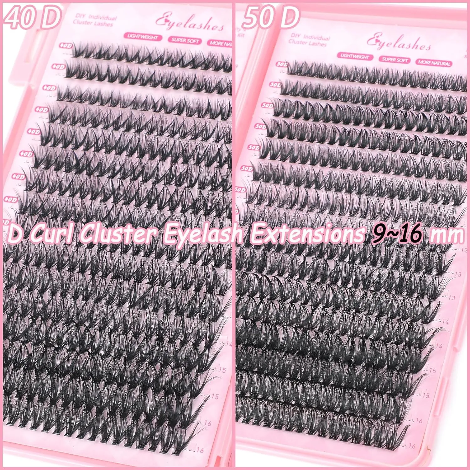 Lash Clusters Kit, 640 Pcs Eyelashes Clusters Extensions Kit 9-16mm Individual Lashes D Curl Flufffy Wispy False Eyelashes Thin Band, with Bond Seal Remover Tweezers Brush DIY (40D 50D Kit 9-16mm)
